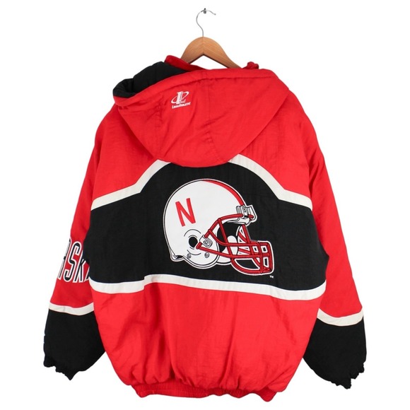 Vintage Logo Athletic Nebraska Cornhuskers Puffer Jacket Hooded Red Black XL